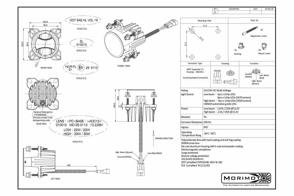 Morimoto Sealed3 90Mm Led High/Low-Beam Headlight — Single 8 Manufacturer drawing for the combined high/low version
