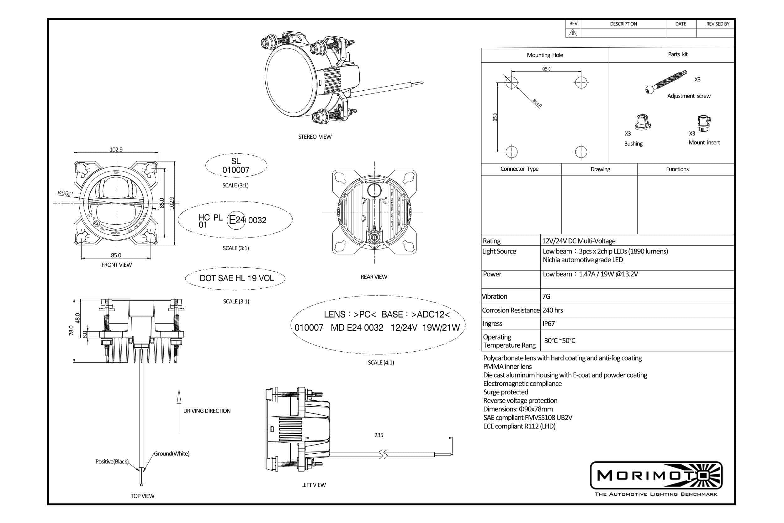 Morimoto Sealed3 90Mm Led Low-Beam Headlight — Single 2 Manufacturer drawing for the low-beam version