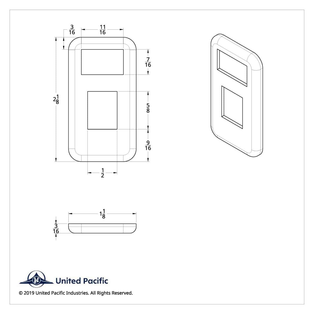 Chrome Plastic Switch Trim For 2001-2010 International 9900I/9400I/9200I - Panel Light 5 Panel-light switch trim dimensional drawing for International 9900i, 9400i and 9200i