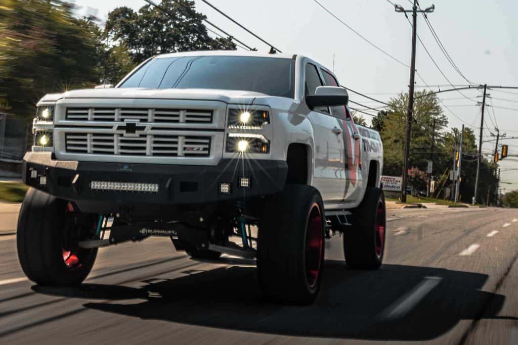Installed Silverado example; other modifications and lighting are not included