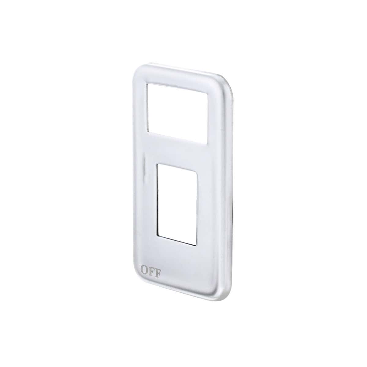 Angled view of polished stainless steel small paddle switch trim for International