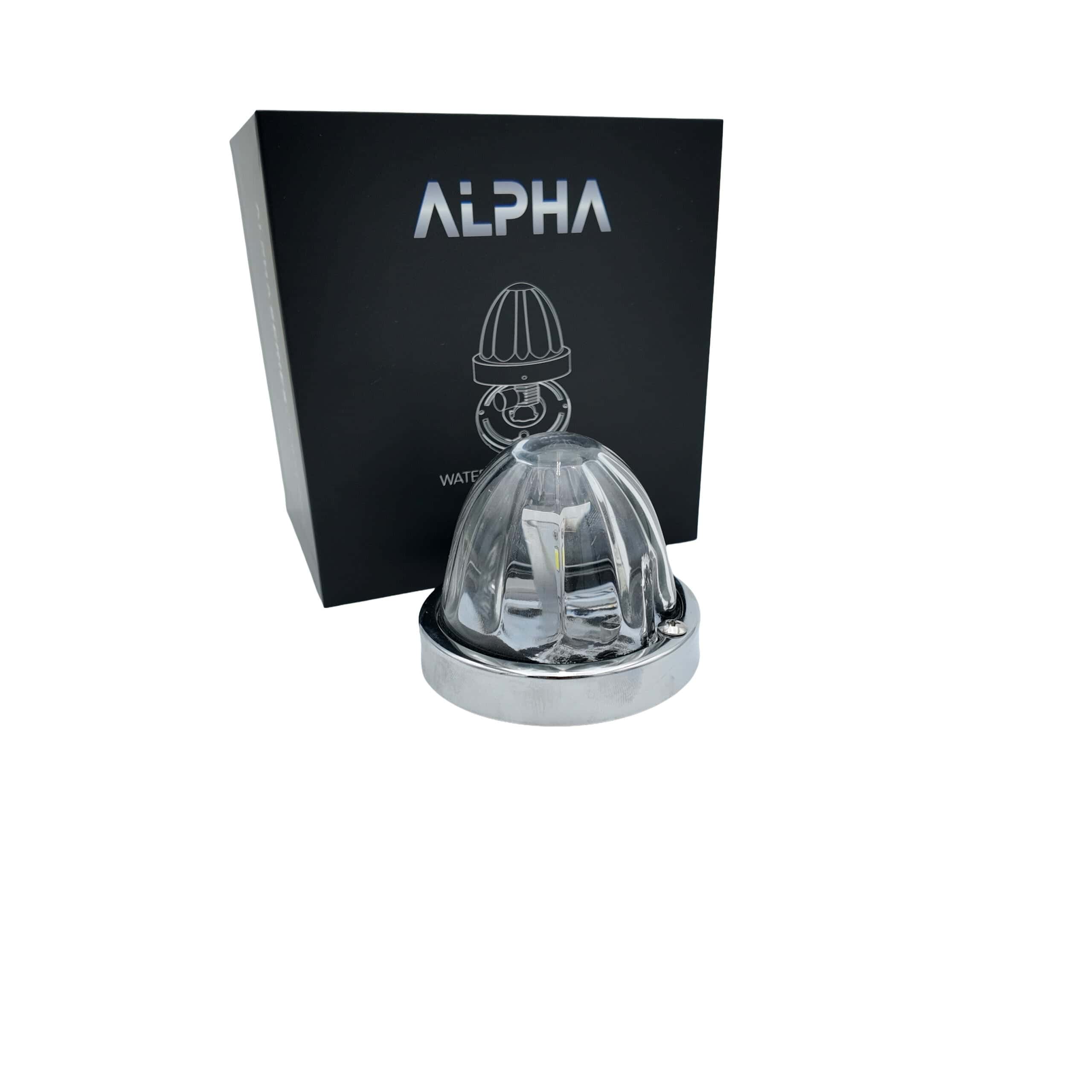 Home 51 Alpha 360 clear glass light beside its Alpha packaging