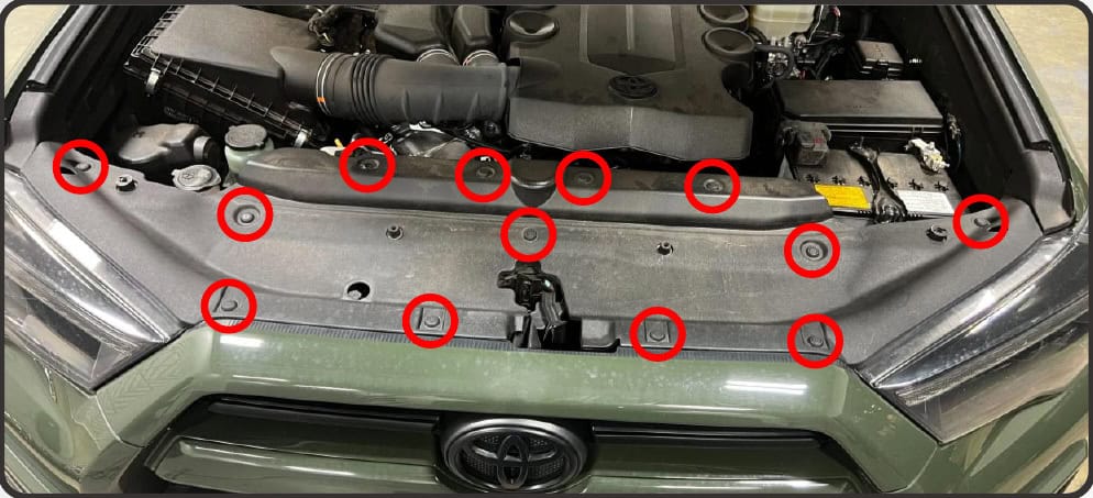 2014–2024 Toyota 4Runner Xb Evo &Amp; Evo Hybrid Installation Guide 3 Remove the 13 radiator-cover clips.