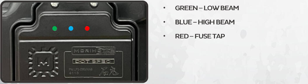 2014–2024 Toyota 4Runner Xb Evo &Amp; Evo Hybrid Installation Guide 39 Driver indicators: green low beam, blue high beam, red fuse-tap power.