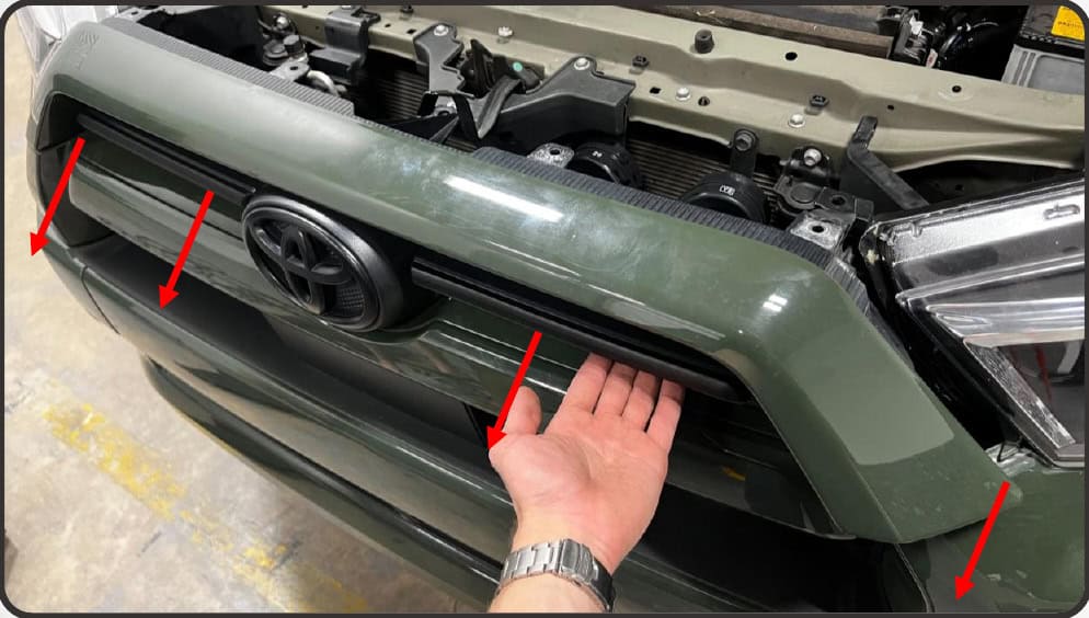 2014–2024 Toyota 4Runner Xb Evo &Amp; Evo Hybrid Installation Guide 5 Release the six upper-grille retaining clips.