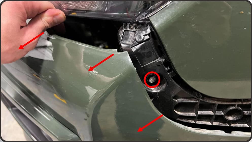 2014–2024 Toyota 4Runner Xb Evo &Amp; Evo Hybrid Installation Guide 10 Move the bumper forward and remove the fender-side headlight bolt.