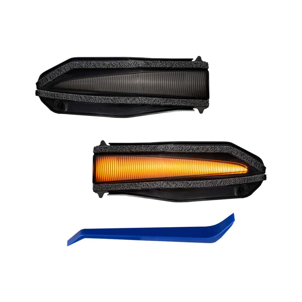 Form Sequential Led Mirror Lights For Toyota 4Runner / Rav4 (Pair) 2 FL0029 smoked mirror-light pair and trim tool, with one lamp illuminated.