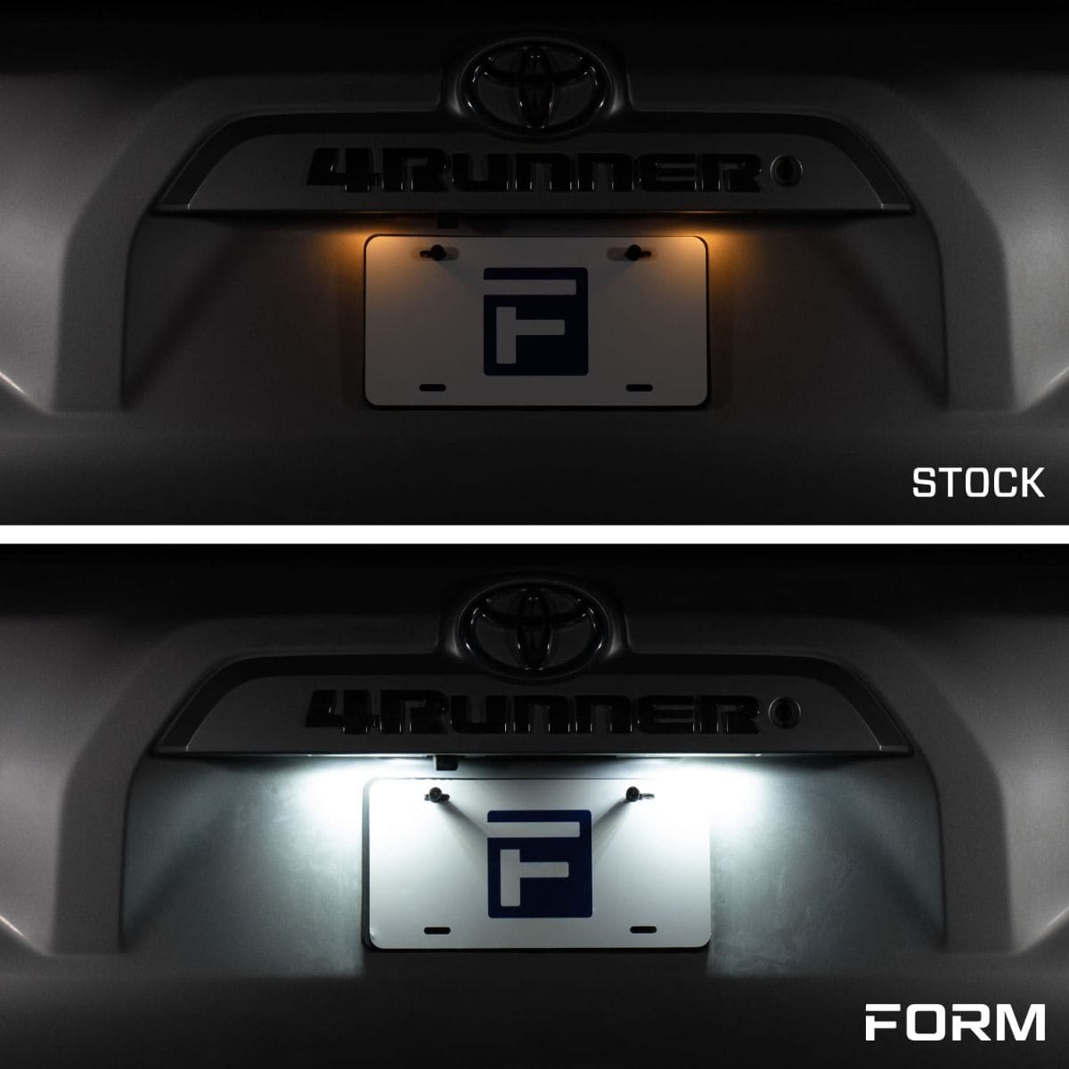 Form Led License Plate Lights For 2014–2024 Toyota 4Runner (Pair) 14 Toyota 4Runner plate lighting: original lamps above and FORM Cool White output below.