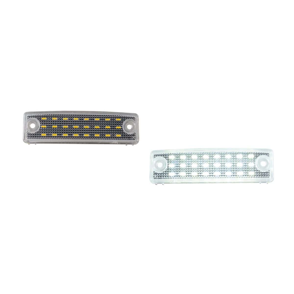 Form Led License Plate Lights For 2014–2024 Toyota 4Runner (Pair) 4 FL0067 LED housing shown with the light off and on.