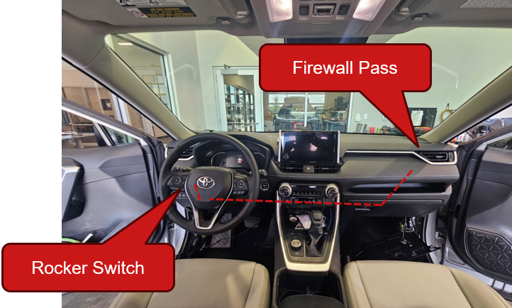 2019–2025 Toyota Rav4 C2 2.0 And Ss3 Ditch-Light Installation Guide 6 Manufacturer cabin route diagram: firewall pass-through and switch location.
