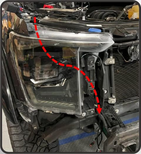 2021–2023 Ford F-150 Morimoto 4Banger Fog Light Installation Guide 26 Morimoto installation illustration: route the harnesses and refit the bumper (2 of 5).
