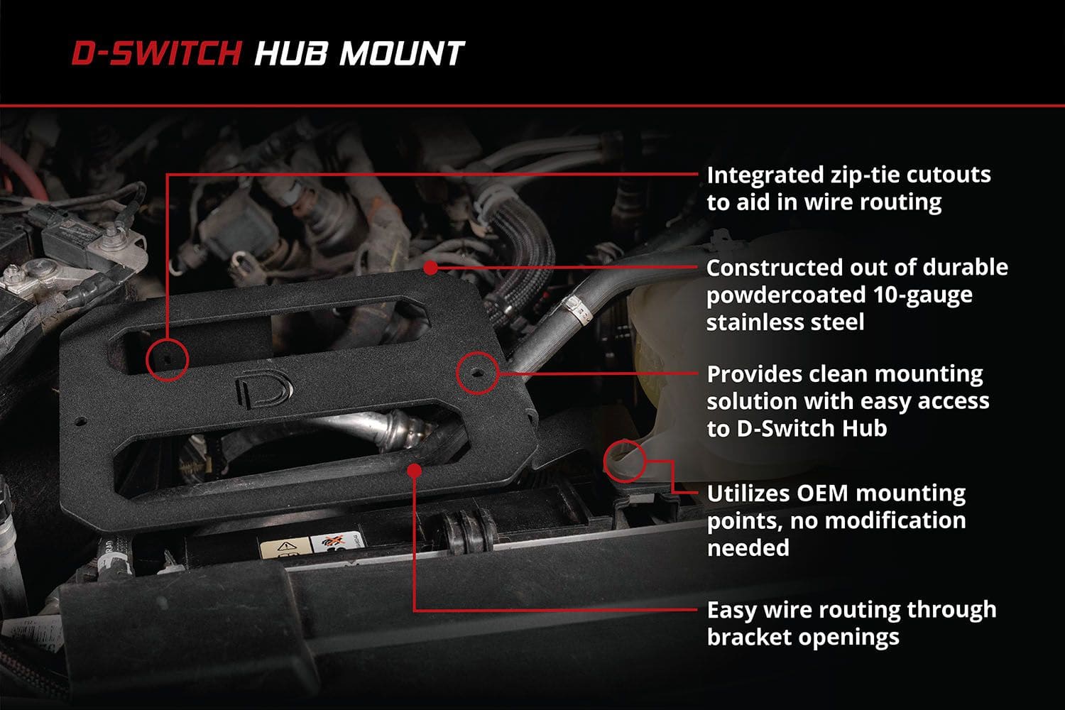 Diode Dynamics D-Switch Hub Mounting Kit For 2021-2026 Ford F-150 4 F-150 hub bracket uses factory mounting points and powdercoated stainless steel.