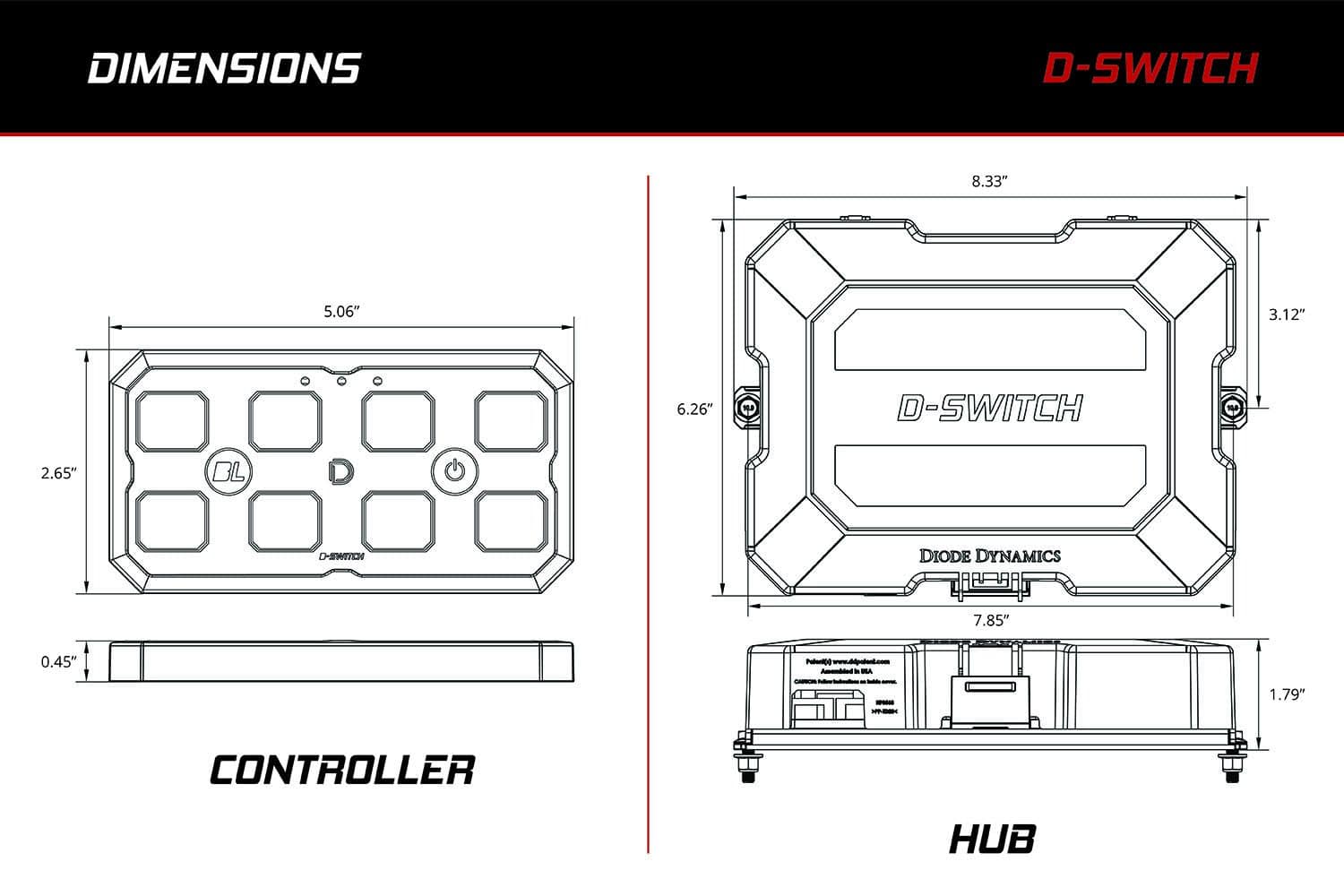 Diode Dynamics D-Switch Kit For 2021-2026 Ford F-150 11 D-Switch hub and controller dimensions.
