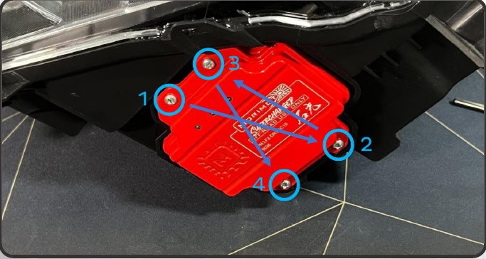 2021–2023 F-150 Morimoto Xb Evo &Amp; Evo Hybrid Installation Guide 22 Hand-tighten the driver screws evenly in the shown star pattern