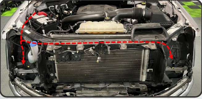 2021–2023 F-150 Morimoto Xb Evo &Amp; Evo Hybrid Installation Guide 28 Route the short branch to passenger side and long branch across the radiator support