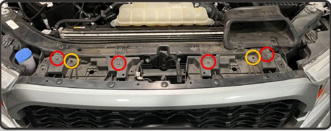 2021–2023 F-150 Morimoto Xb Evo &Amp; Evo Hybrid Installation Guide 8 Upper grille bolts in red and optional clips in yellow
