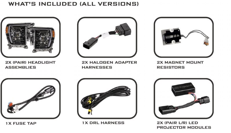 2021–2023 F-150 Morimoto Xb Evo &Amp; Evo Hybrid Installation Guide 1 Headlight pair, halogen adapters, resistors, fuse tap, DRL harness and side-specific projector modules