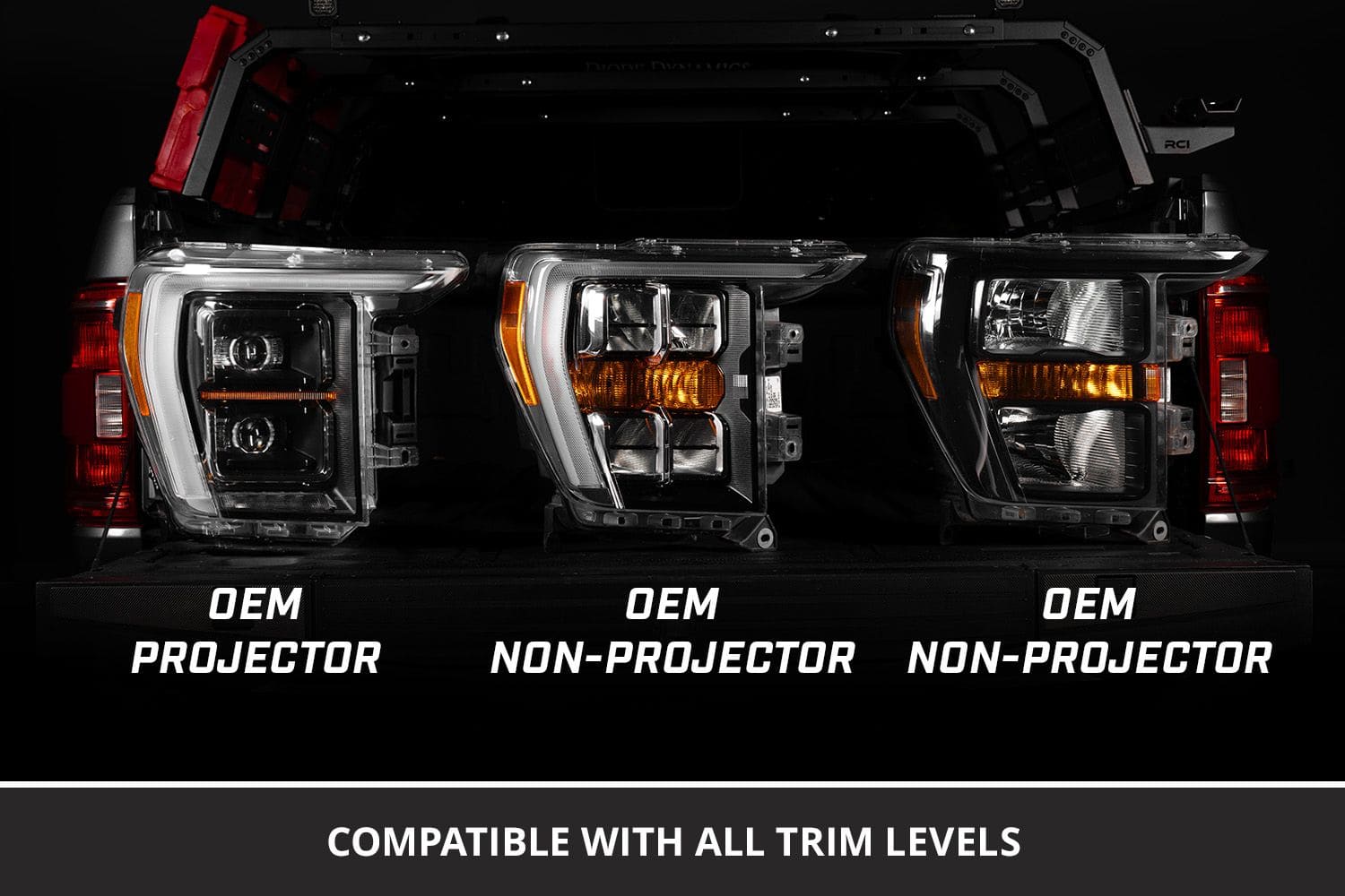 2021–2023 Ford F-150 Factory Headlight Identification 1 Original Ford F-150 halogen headlight with two broad reflector bowls and an amber strip between them