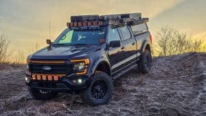 BTS Lighting Ford F-150 with SS3 pods in the factory front-bumper fog pockets, sunset hillside
