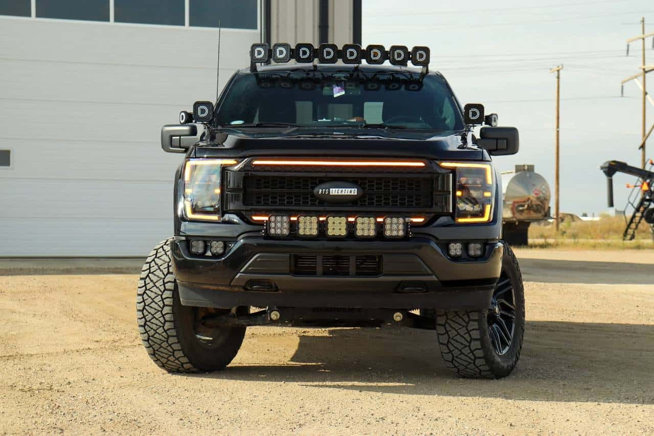 How To Plan A 2021–2023 Ford F-150 Lighting Upgrade 1 Front view of the BTS F-150 with its five-pod CrossLink installation above the factory bumper