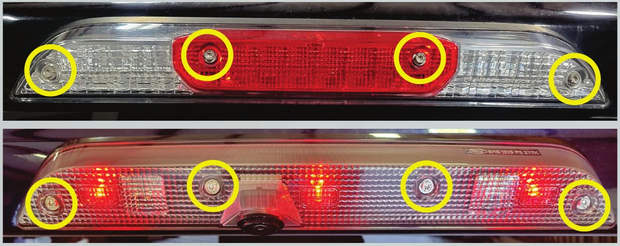 F-150 Morimoto X3B Third Brake-Light Installation Guide 2 The four T20 screw locations on the two original lamp styles.