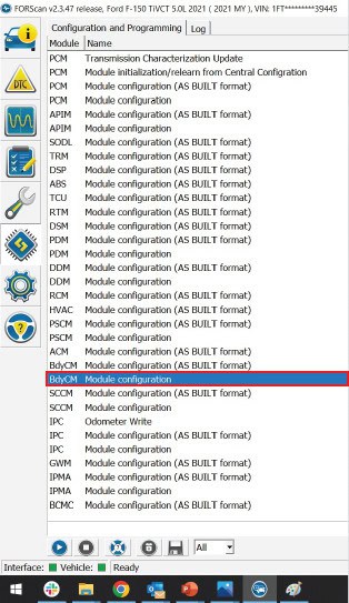 2021–2023 F-150 Morimoto Xb Tail-Light Installation Guide 25 FORScan BdyCM Module configuration menu