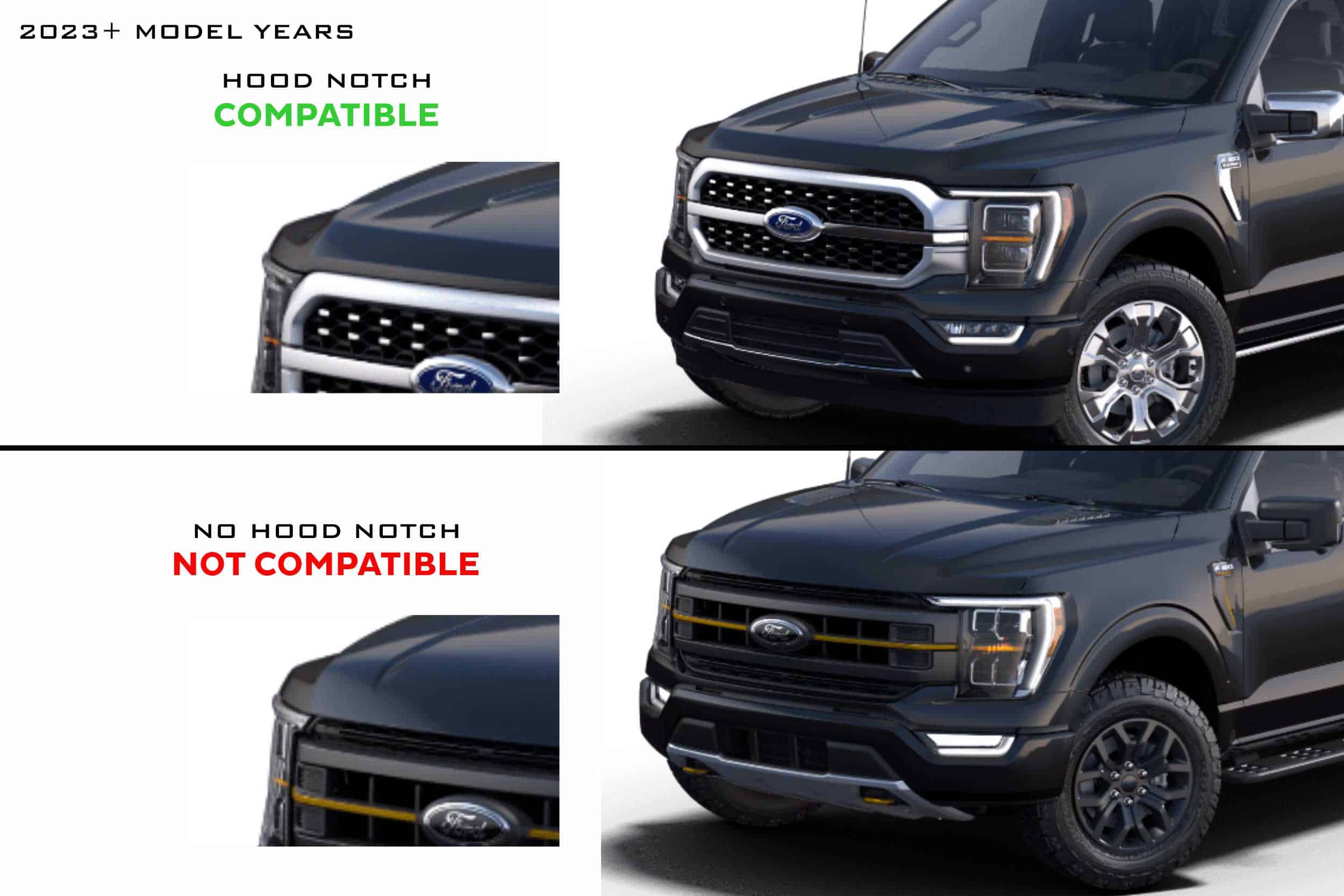 Morimoto Xbg Led Drl Grille For 2021–2023 Ford F-150 — Chrome / White 28 2023 hood check: the notched profile shown is compatible; the pictured non-notched profile is not.