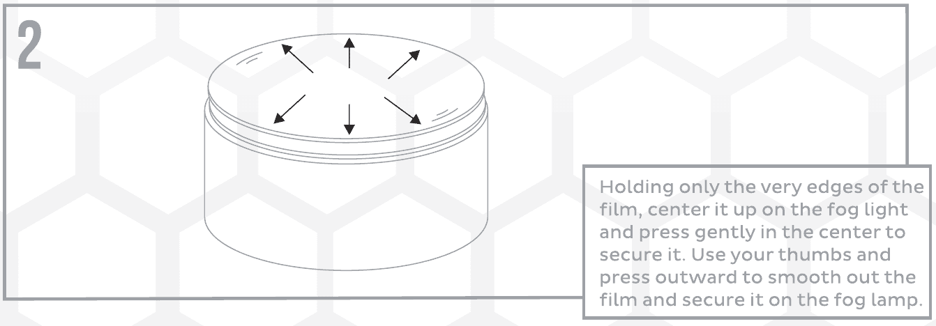 Lamin-X F-150 Evo Headlight Film Application Guide 3 Original diagram 2: handle the film by its edges and smooth outward. Generic round fog-lamp illustration; follow the supplied instructions for your headlight shape.