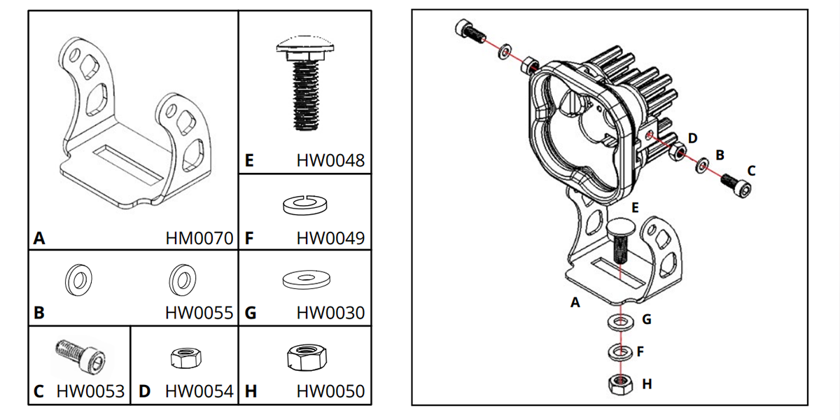 Can-Am Maverick X3 A-Pillar Light Installation Guide 7 SS3 U-bracket assembly and mounting hardware.