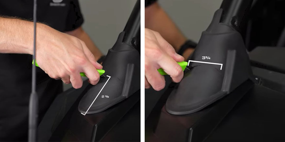 Polaris Rzr Pro Ss3 / Ss5 A-Pillar Installation Guide 19 Original boot-cut dimensions: 2⅜ inches from the bottom and approximately 3¾ inches long.