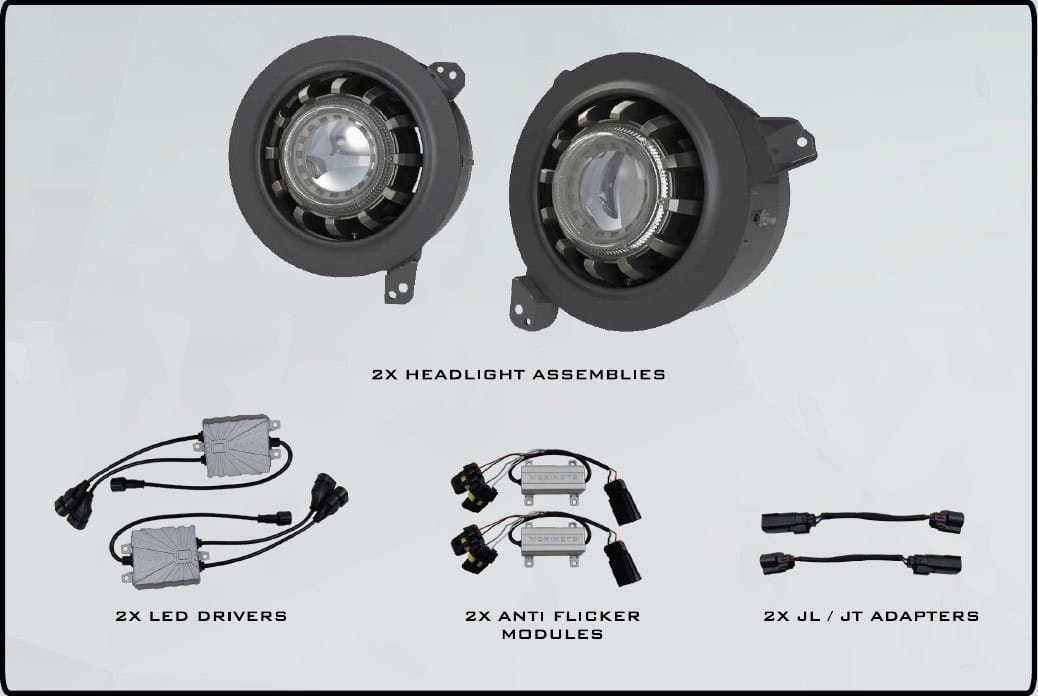 Jeep Jl / Jt Morimoto Super7 Headlight Installation 1 Package: lamps, drivers, anti-flicker modules and JL/JT adapters