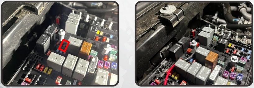 Jeep Jl/Jt Morimoto Xrgb Fender Chop Installation 17 Original F34 location and supplied DRL fuse-tap installation.