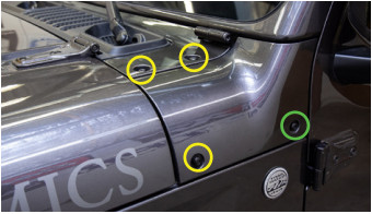 Jeep Jl Cowl Light Bracket Installation Guide 1 Original annotated photo: three cowl mounting bolts are marked yellow; the optional access bolt is green.