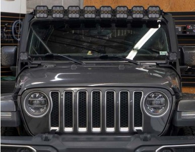 Jeep Jl Ss5 Windshield Lightbar Installation Guide 4 Eight-pod windshield bar positioned above the Jeep JL windshield.