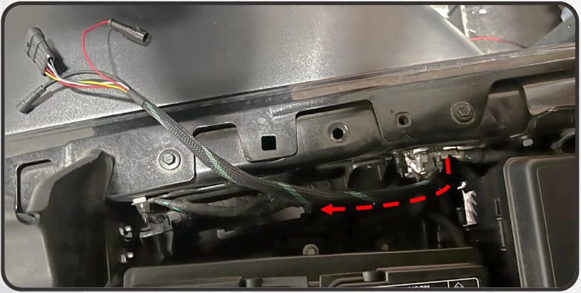 Jeep Jl/Jt Morimoto Super7 Halo Installation 12 Long harness section routed into the engine bay beside the battery.