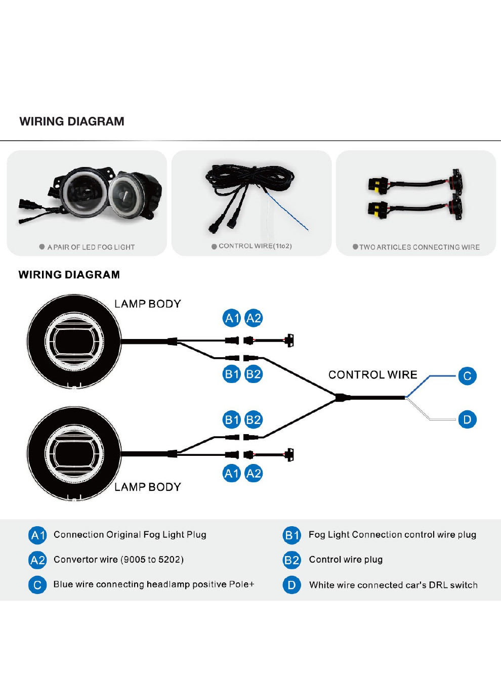 Jeep Jk Pro Comp 76504P Fog-Light Wiring Guide 1 Original Pro Comp 76504P diagram: two lights, adapters A1/A2, halo connectors B1/B2 and blue C/white D control leads