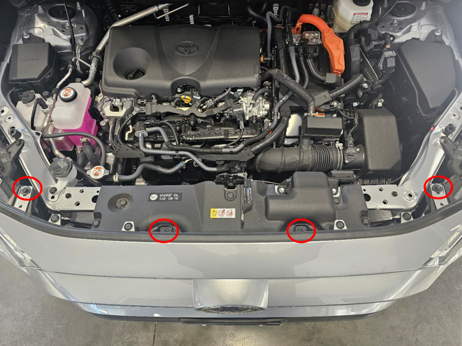 2019–2025 Toyota Rav4 Elite Add-On Fog-Light Installation Guide 1 Upper bumper-cover fasteners identified in the original RAV4 photograph.