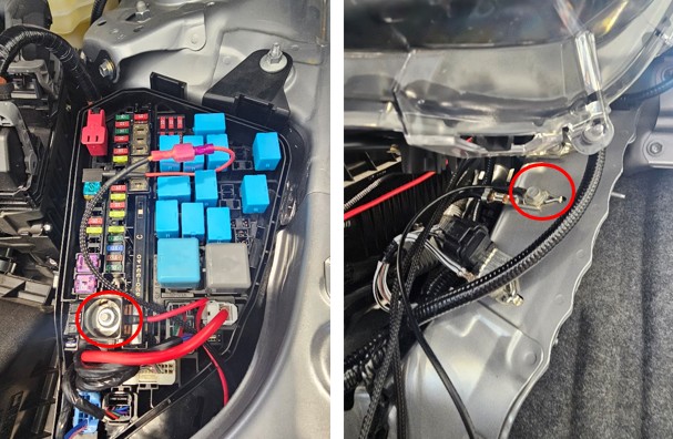 2019–2025 Toyota Rav4 Elite Add-On Fog-Light Installation Guide 11 Manufacturer power and ground connection examples in the RAV4 engine bay.