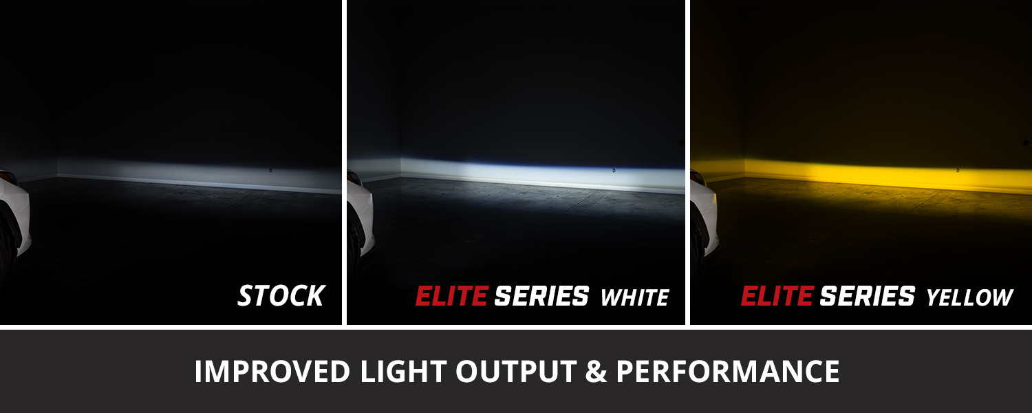 Diode Dynamics Elite Replacement Fog Light Kit For 2022–2025 Toyota Rav4 50 Manufacturer stock-versus-Elite White/Yellow fog comparison; these photographs do not show both colours operating together.