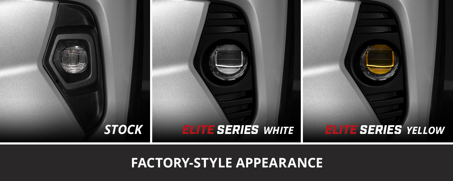 Diode Dynamics Elite Replacement Fog Light Kit For 2022–2025 Toyota Rav4 48 Stock RAV4 fog appearance versus White and Yellow Elite replacements.