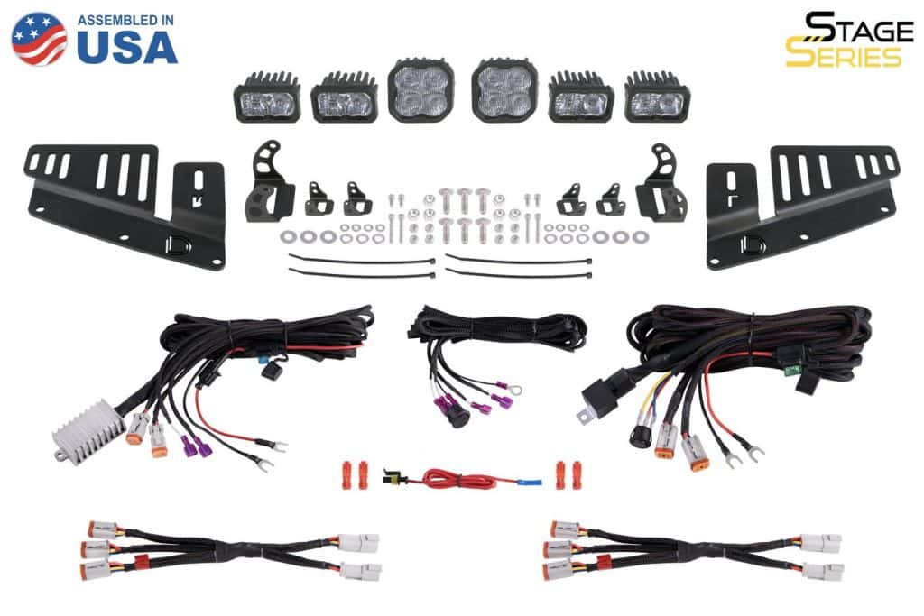 Diode Dynamics Stage Series Fog Pocket Kit For 2021+ Ford Bronco 61 DD7182 Max White kit laid out with brackets, wiring harnesses, splitters and hardware. Select Sport, Pro or Max above.