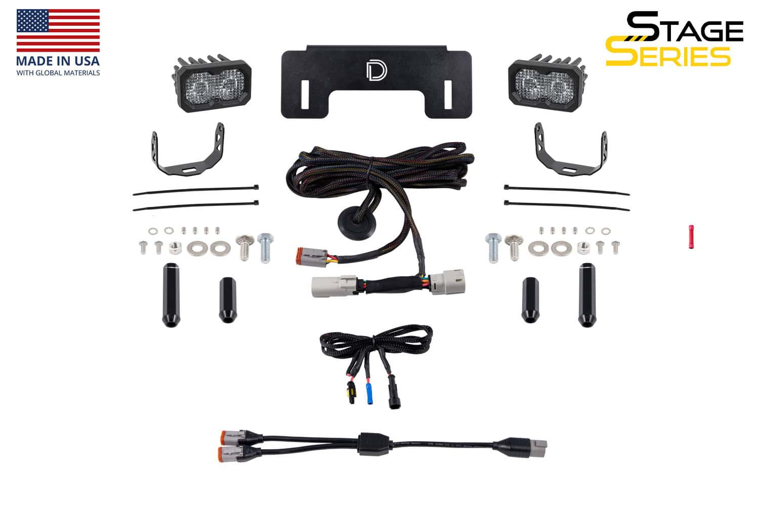 Diode Dynamics Stage Series Reverse Light Kit For 2021-2025 Ford Bronco C2 2.0 6 C2 2.0 Sport kit contents, labelled manufacturer view. Pro uses the same vehicle bracket and harness.
