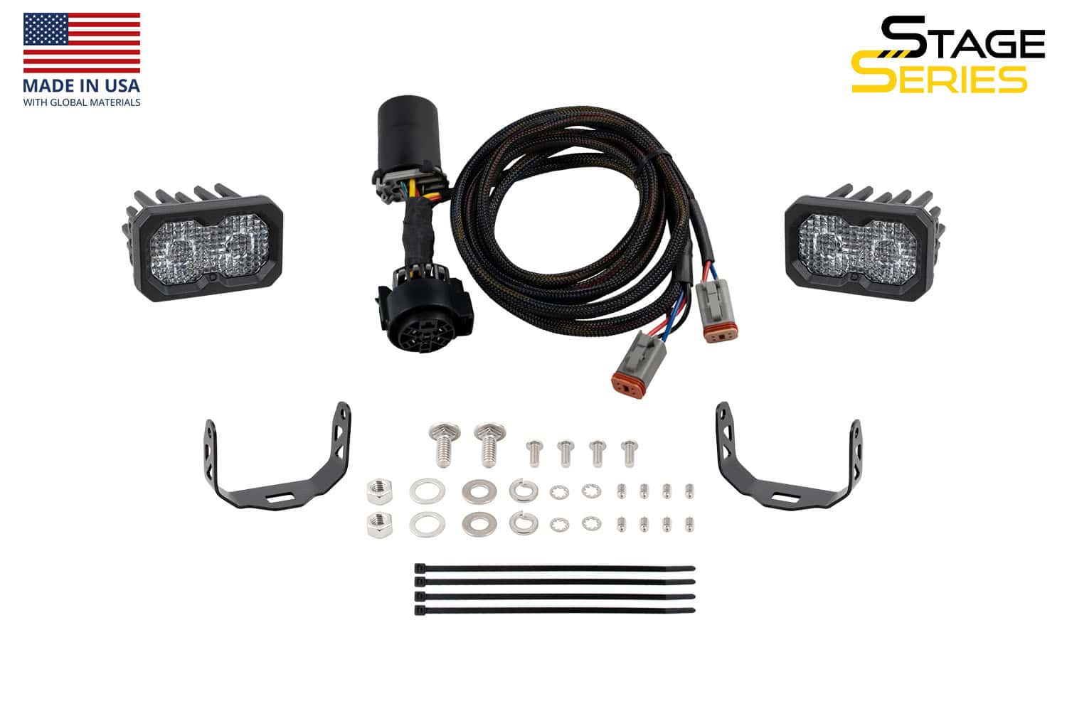 Diode Dynamics Stage Series Reverse Light Kit For 2022–2026 Toyota Tundra C2 2.0 3 Current C2 2.0 Sport kit contents, labelled view. Pro uses the same vehicle installation hardware.