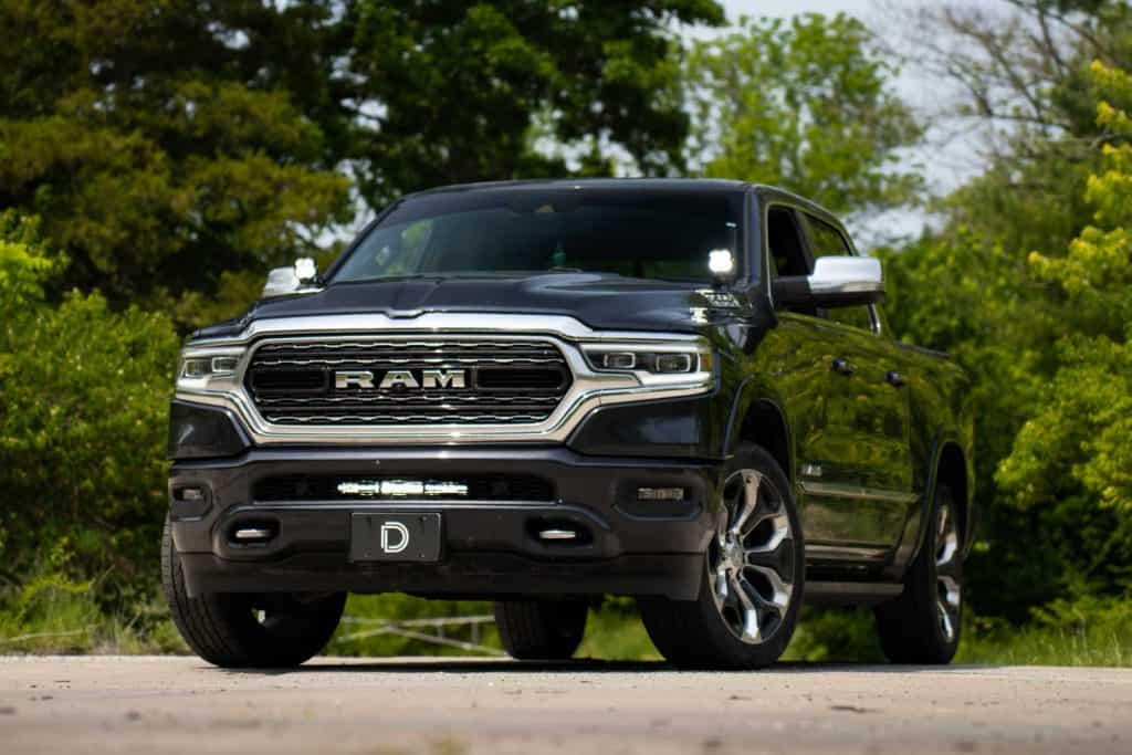 Diode Dynamics Stage Series Ditch Light Kit For 2019-2024 Ram Ss3 46 SS3 ditch lights installed on the Ram 1500. The bumper light bar and other vehicle lighting are separate.