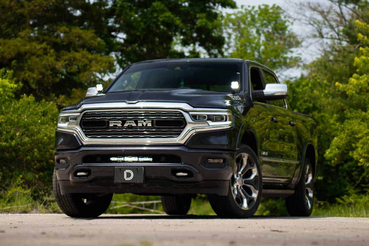 Diode Dynamics Stage Series Ditch Light Kit For 2019-2024 Ram Ss3 4 SS3 ditch lights installed on the Ram 1500. The bumper light bar and other vehicle lighting are separate.