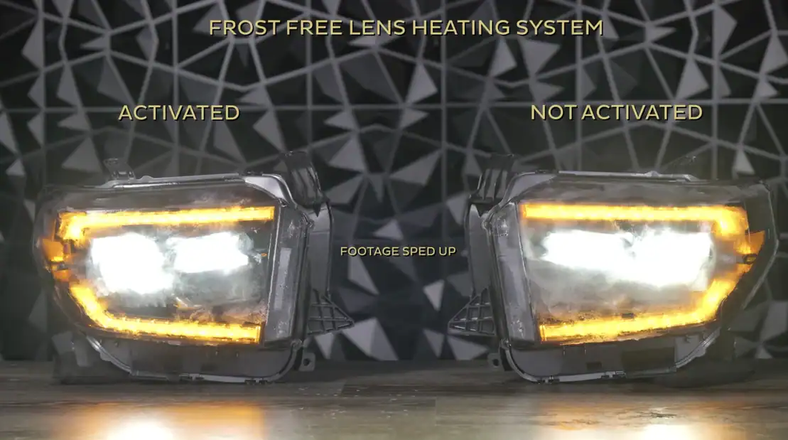 Manufacturer bench comparison of headlights labeled Frost-Free activated and not activated