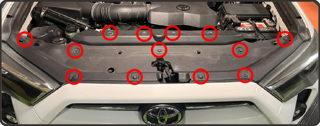 2014–2024 Toyota 4Runner Xbg Grille Installation Guide 3 Remove the thirteen radiator-cover clips and lift off the cover.