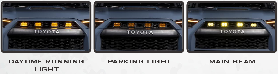 2014–2024 Toyota 4Runner Xbg Grille Installation Guide 30 Check bright daytime backlights, dimmed parking-light backlights and the separate main beams.