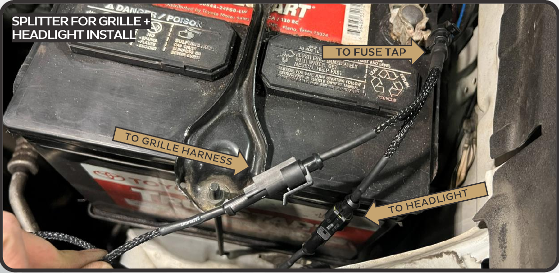 2014–2024 Toyota 4Runner Xbg Grille Installation Guide 24 Optional shared feed: the supplied splitter serves the grille backlights and Morimoto XB headlight DRL harness.