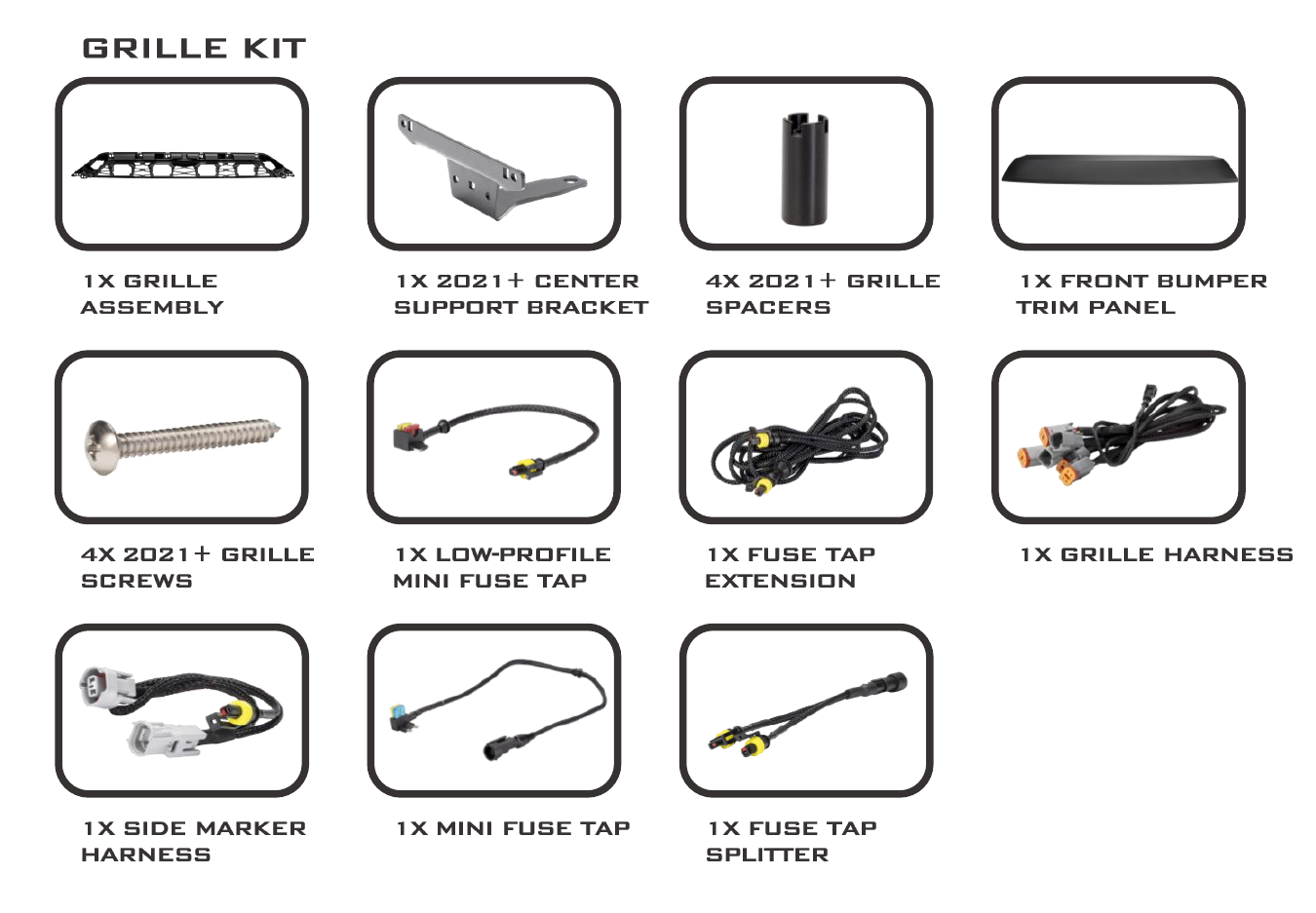 2014–2024 Toyota 4Runner Xbg Grille Installation Guide 1 Grille assembly, fascia, center-support hardware and backlight wiring. The manual labels its newer center-support hardware 2021+.
